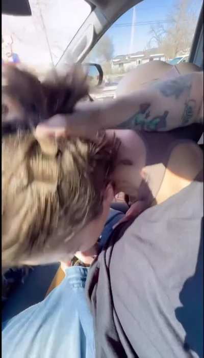 The guy in the car next to us was loving the view while daddy pushed my head down on his cock.