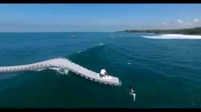Surfers catching waves from a floating dock in Bali, Indonesia.