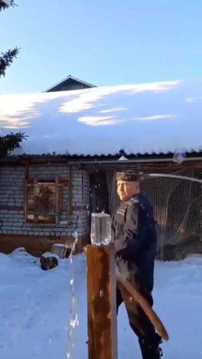 This Slavic swordsman, cutting the bottle a section at a time.