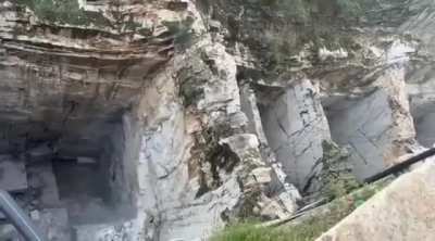 Cliffs collapsing at an old marble quarry in Makrana, India due to heavy rainfall.