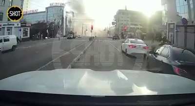 Moment of a ukrainian drone or missile impact (filmed from dashcam), Belgorod, Russia, 30.12.2023