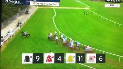 Racehorse on the lead decides he is done racing and tosses jockey into a parked car