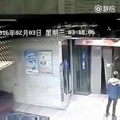 Karate kicking the elevator