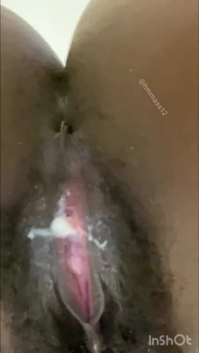 The contrast of my dark pussy hair and my white creamy horniness.