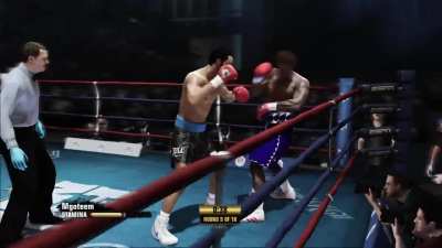 Here's a clip of me handcuffing a spammer. Late in the fight when I figured the range out and pressed him with the fear of the jab follow ups. I'm an 86 ovr and he's a 90 ovr ‼️