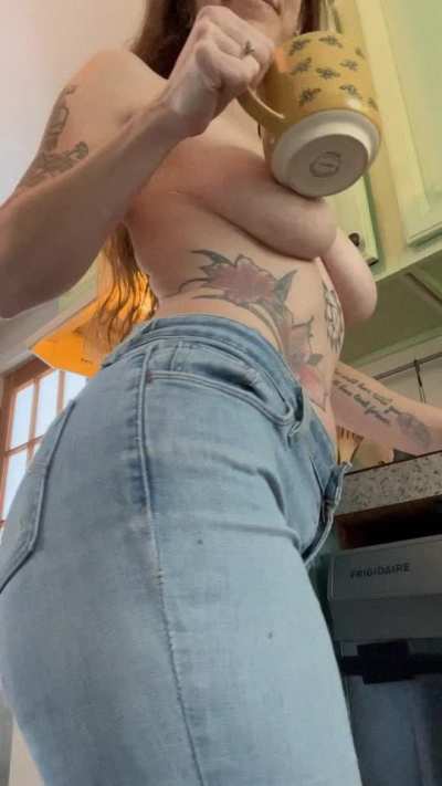 Enjoying a hot coffee topless this morning