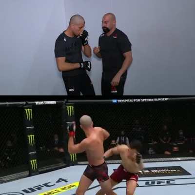 Brian Ortega practicing the spinning elbow before the fight then landing one on TKZ