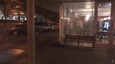 Antifa rioters (from Portland) in Vancouver, Wash. are walking around and trying to break business windows but are too weak, so they only manage to spider web it.