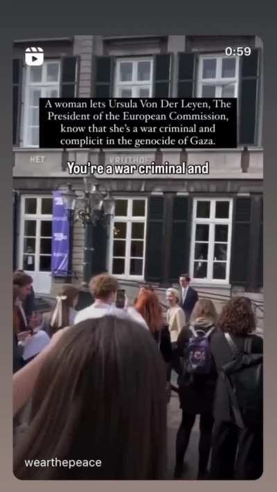 “You are a war criminal.” A female activist confronts Ursula von der Leyen, the President of the European Commission, over her support for the Israeli occupation.