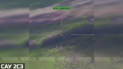 RU POV: Lancet strike on Ukrainian 2S3 Akatsiya SPG in the Zaporizhia oblast.