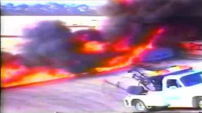 Leroy Porter's wreck at DeSoto Speedway in Bradenton, Florida. Porter survived but sustained burns on over 52% of his body. (6/16/1990)