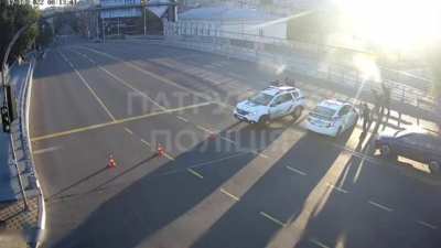 Ukrainian police officers shooting down an Iranian drone.