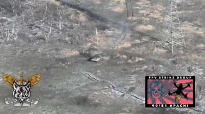 Ukrainian drone watches a Russian BMP carrying infantry hitting a mine near Bilohorivka, Luhansk Oblast (Unknown date)