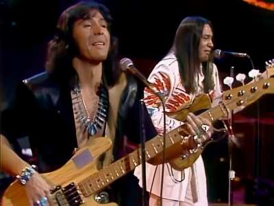 The only Native American band to reach Top Five on Billboard Hot 100. Redbone performing in 1974 with a powwow dance intro