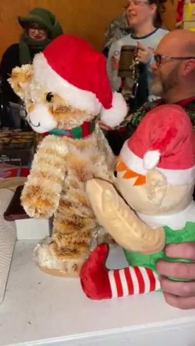 Twerking Bear and Motorboating Elf toys team up