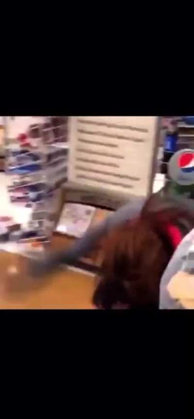 Worker gets ridden like a pony after shoving customer accused of stealing