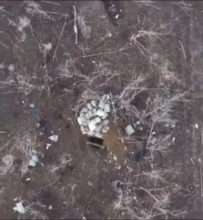 Drone takes out another drone with dropped munition. Unknown which side each drone is.