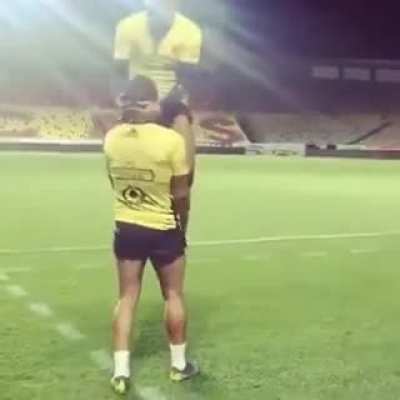 Rehearsing a goal celebration prank