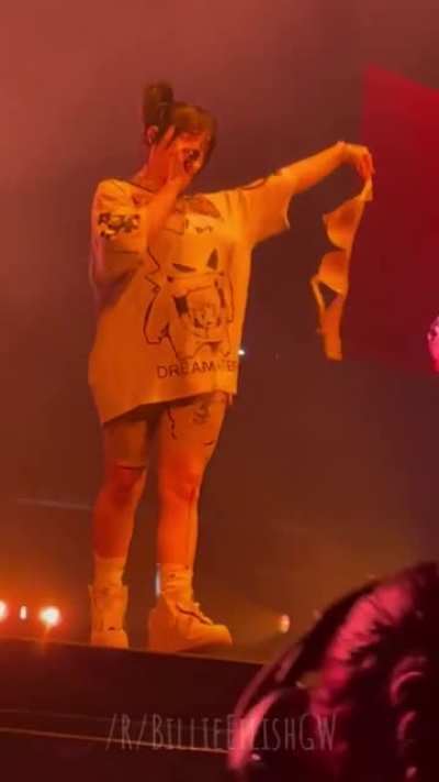 Billie picking up a fan’s bra while performing