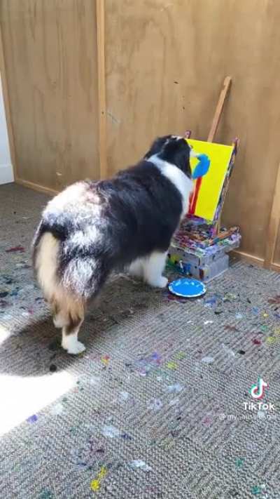 How does anyone believe this is real? Yeah I’m sure a dog understands what a background is and that it needs to be fully painted with no white remaining on the canvas