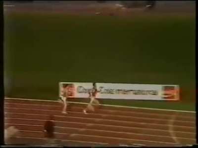 In London Steve Ovett put his hands up in victory thinking he had the win for the 500 metres, until John Treacy reaches him, and goes right under his arm for the win, 1980.