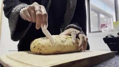 This is “Pain complet aux graines” from a recipe written in French. A wooden butter knife has been used in order to enhance the Breadyness flavour