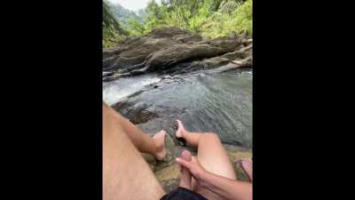 Getting jerked next to a beautiful waterfall
