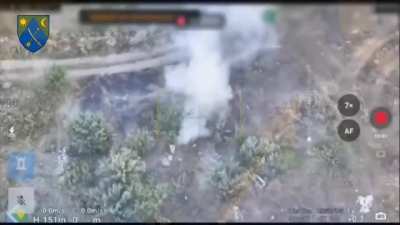 Outdoor toilet with a russian soldier inside is hit by a drone.