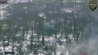 Ukrainian kamikaze drone destroys a Russian tank in Avdiivka, February 2024 (music from source) (at 48.11385, 37.76778)