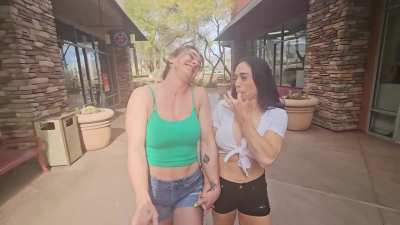 My girlfriend and I walking back to our car covered in cum