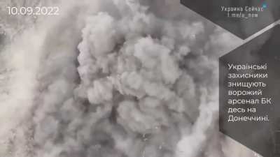 Ukraine drone dropped munitions destroys Russian ammo dump somewhere on Ukrainian front, filmed today