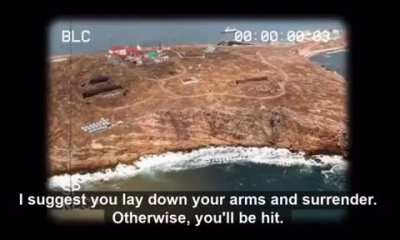 Radio communication between Russian warship and Ukraine outpost on Snake Island. Russians demand surrender from Ukrainians, but they respond defiantly. First day of war in Ukraine