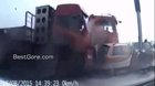 Car and motorcyclist are smashed by two trucks