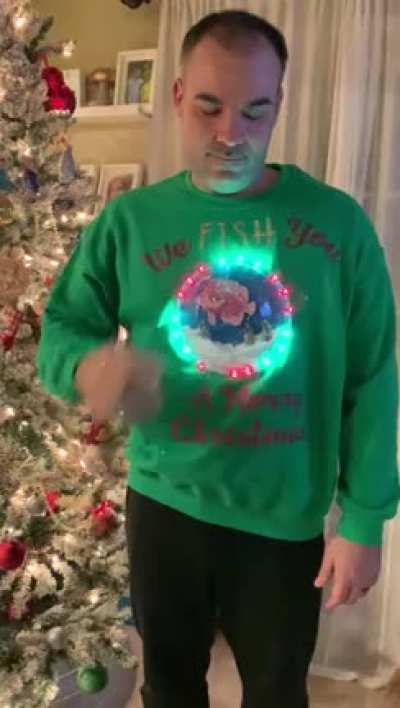 Didn’t have an ugly sweater for the work Zoom party and asked my wife to pick one out for me. She made one instead. Be afraid.