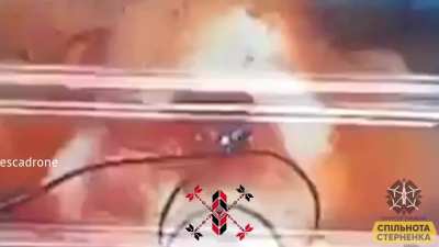 Ukrainian drone chased the car with russians, but car drove over a landmine