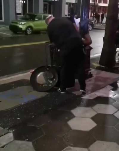 Belligerent drunk gets tossed into a trash can like two week old Chinese food