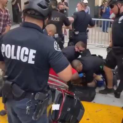 Cops assaulting BLM protesters, including a man in a wheelchair. This happened yesterday in Downtown Los Angeles. One of the people injured in by police even had a seizure. Meanwhile, complicit media reported the arrested individuals (including the wheelc