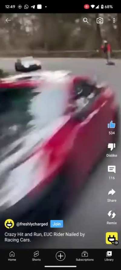 Electric Unicycle collides head on with car. Hit and run, EUC rider is ok just broken a pedal.