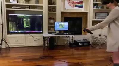 Playing a horror game on VR.