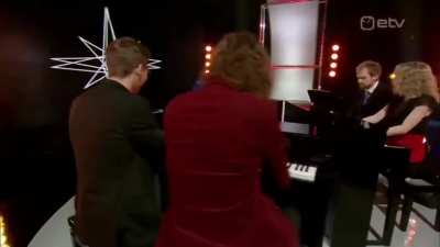 Five pianists play Death Waltz (black midi) on live TV 😆 (i'm the one in the red jacket)