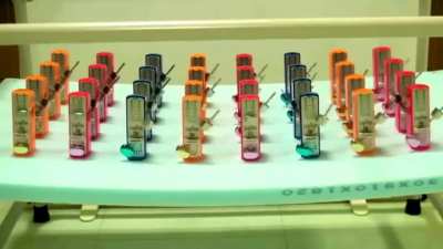 32 metronomes synchronise themselves, called as Kuramoto model of synchronisation.