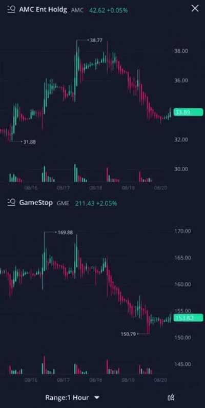 AMC and GME chart animation on the “1hr chart.” LITERALLY, the same movement. Absolute corruption.