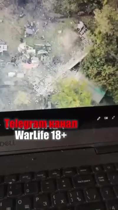 A Russian soldier is directly hit by a drone dropped explosive.