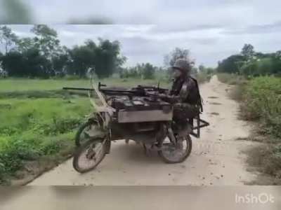 Myanmar/Burma Junta Army machine gun mounted motorcycle squad firing at Arakan Army (AA)positions near Sittwe, the capitol of Rakhine State [2/2025]