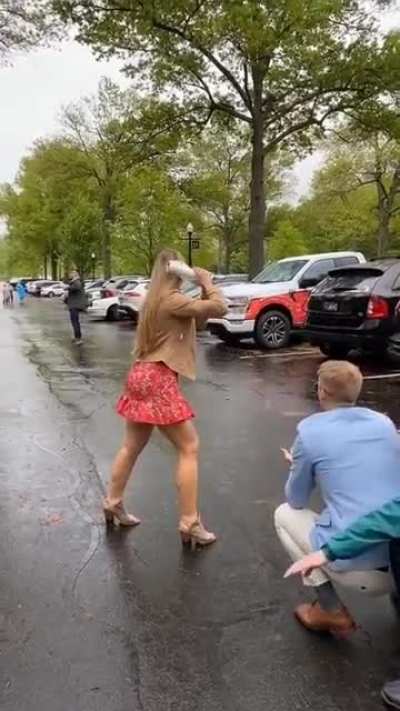 It's a big swing and a slip! She. Could. Go. On. Her. Face.