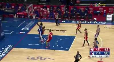 [Highlight] Ben Simmons rips the ball from John Collins, and finds Embiid in transition as Joel picks up the and-one!