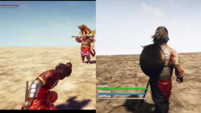 Quick comparison footage on Some of the newer progress on the game I’ve been working on. The spear in Krodhan and the Battle Axe on the Asura are place holders for now. More AI elements to be implemented later. Krodhan will be holding a Lord Shiva’s Tride