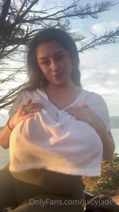 Gorgeous beautiful lady flashes her 34JJ's