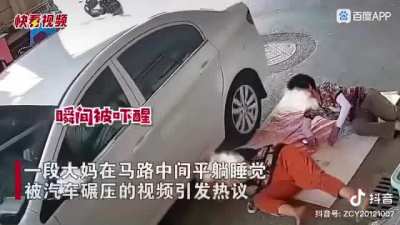 Person being rudely awakened by car rolling over their head! No gore.