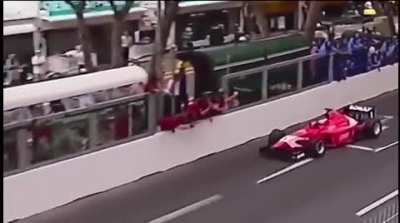 Race car driver thinks he can afford to slow down.